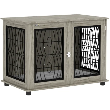 Dog Crate Side Table with Washable Cushion – Grey Wood Effect, 100cm