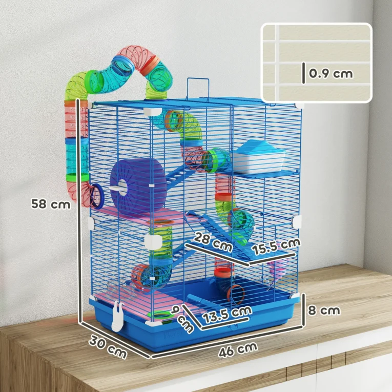 Five-Level Hamster Habitat with Side Tunnel – Blue, 46 × 30 × 58cm