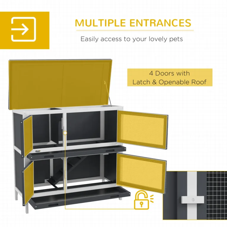 Two-Level Rabbit Hutch with Raised Sleeping Area – Grey, 97 × 44 × 91cm