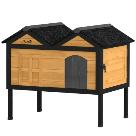 Raised Wooden Cat Shelter with Side Access &ndash; Yellow, 74.6cm