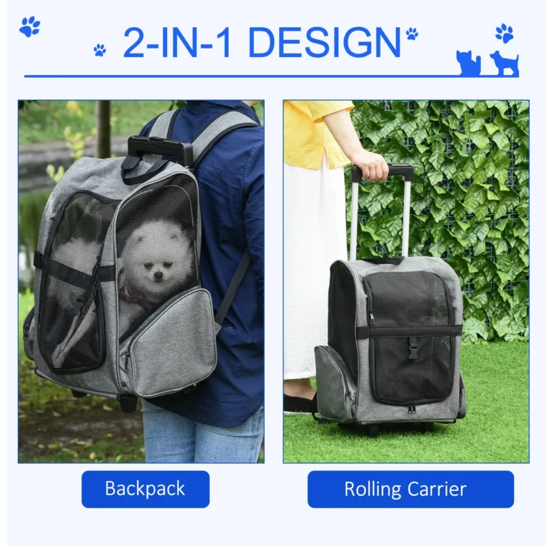 Pet Backpack and Wheeled Trolley Carrier – Grey, Under 4kg