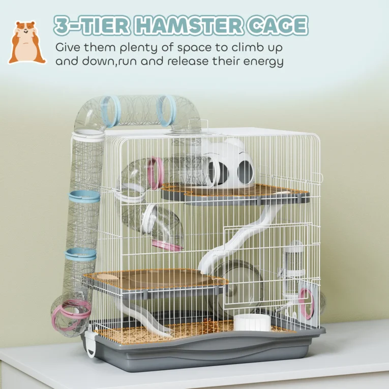 Three-Level Small-Pet Cage with Bottle and Dish – Grey, 45cm