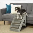 Folding Four-Step Pet Stairs with Carpet Treads – Grey