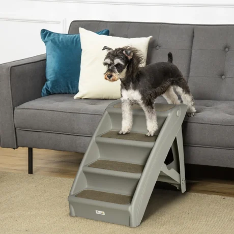 Folding Four-Step Pet Stairs with Carpet Treads &ndash; Grey &ndash; detail 2