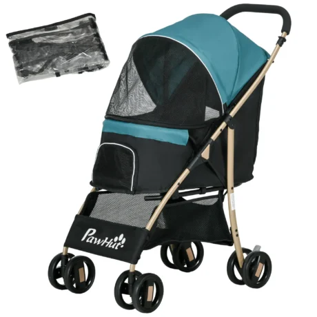Folding Pet Stroller with Rain Cover – Dark Green