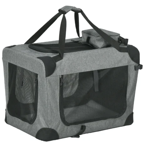 Folding Fabric Pet Carrier with Three Access Openings – Grey