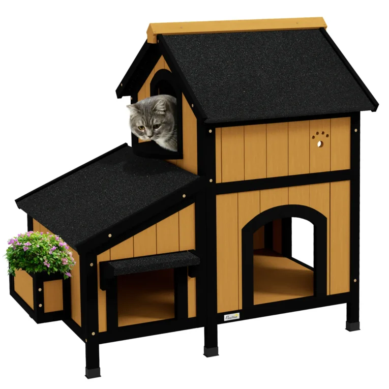 Wooden Cat House Water-Resistant Roof – Yellow, Black