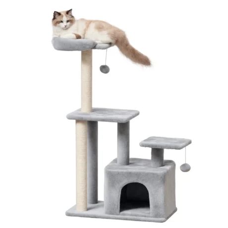 Cat Tower with Den and Raised Perches – Light Grey, 114cm