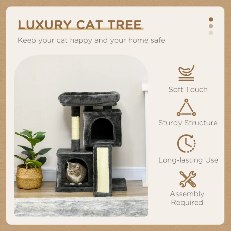 81cm Cat Tree with Twin Houses and Sisal Scratching Posts – Black