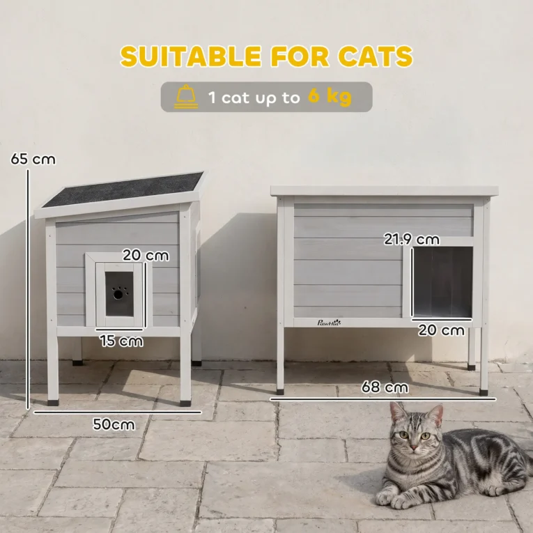 Insulated Wooden Cat Shelter with Escape Door – Grey, 68cm