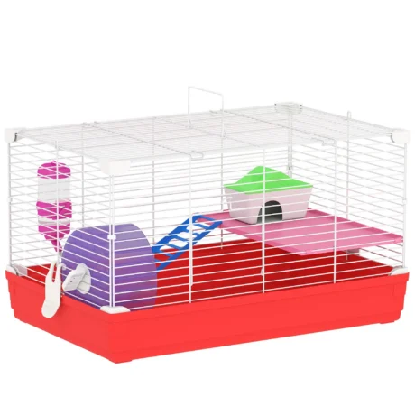 2-Storey Hamster Cage with Exercise Wheel and Dishes &ndash; Red and White