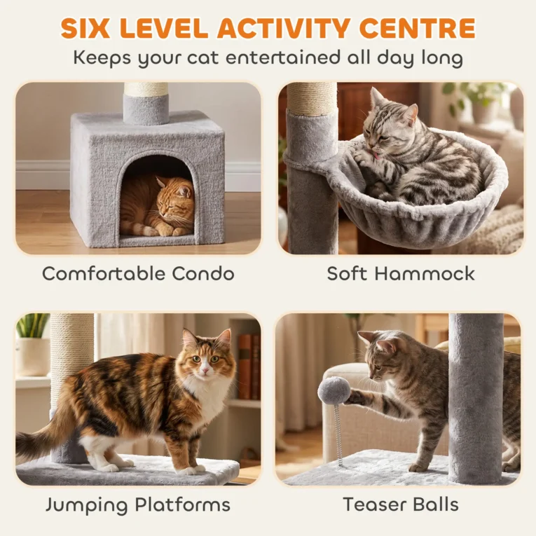 Adjustable Floor-to-Ceiling Cat Tower with Den – Light Grey, 230–250cm
