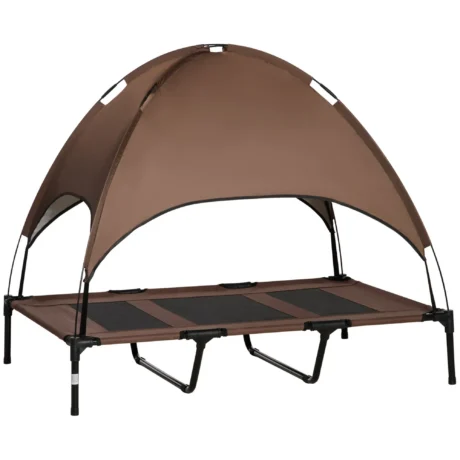 Raised Dog Bed with Canopy – Brown, 122 × 92cm