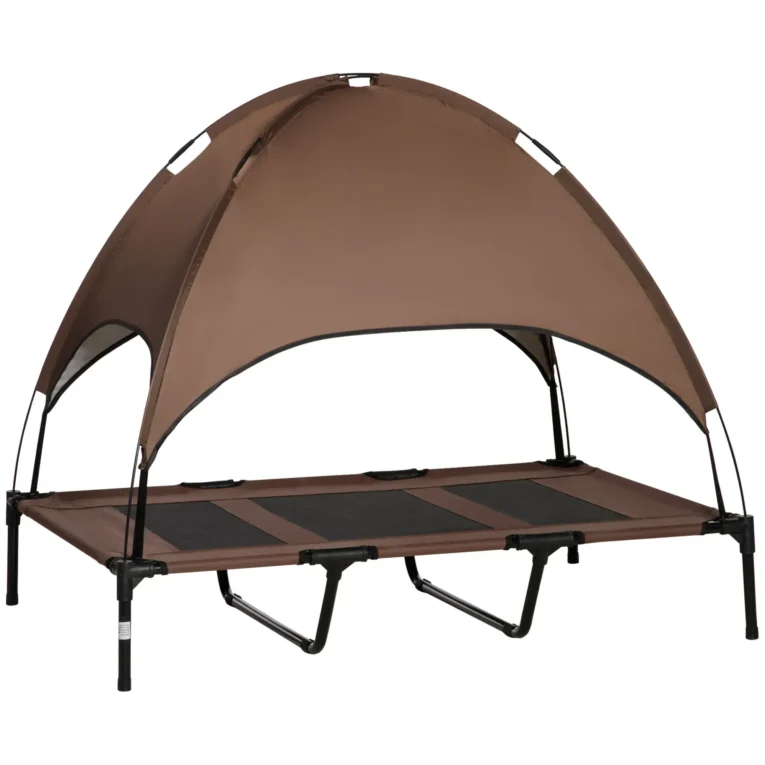 Raised Dog Bed with Canopy – Brown, 122 × 92cm