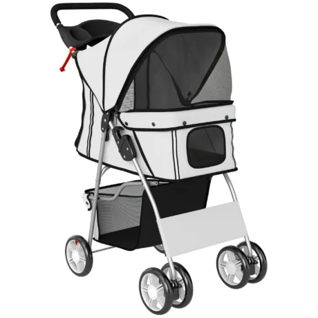 Folding Pet Stroller with Reflective Strips and Basket &ndash; Grey