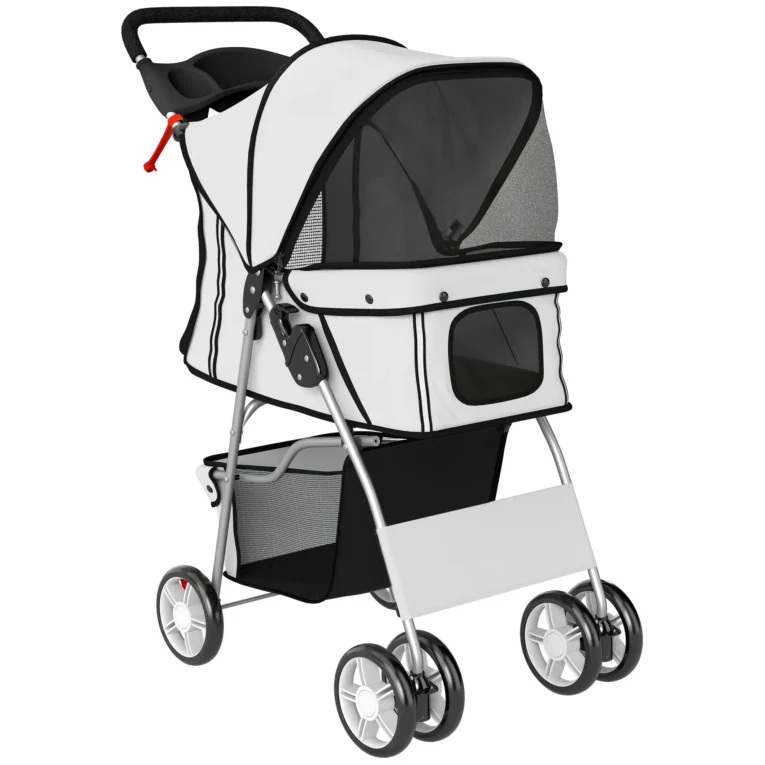 Folding Pet Stroller with Reflective Strips and Basket – Grey