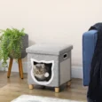 2-in-1 Cat Bed Ottoman with Cushion and Scratching Pad – Cream white and grey