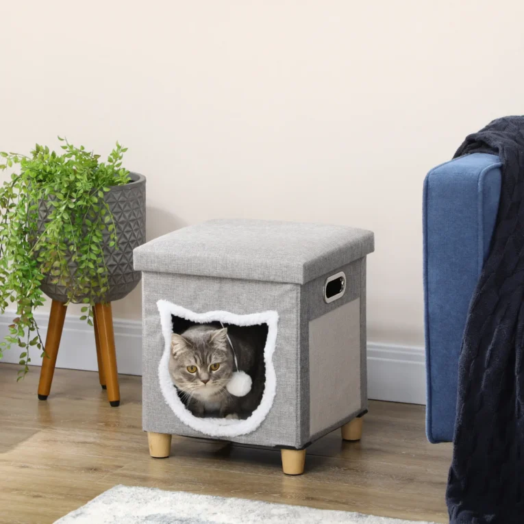 2-in-1 Cat Bed Ottoman with Cushion and Scratching Pad – Cream white and grey