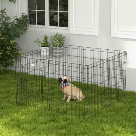 Eight-Panel Metal Dog Playpen with Door – Black