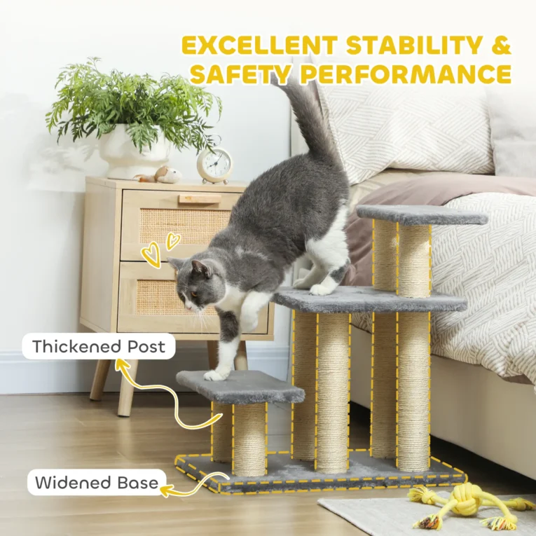 Three-Step Pet Stairs with Sisal Posts and Adjustable Top – Grey