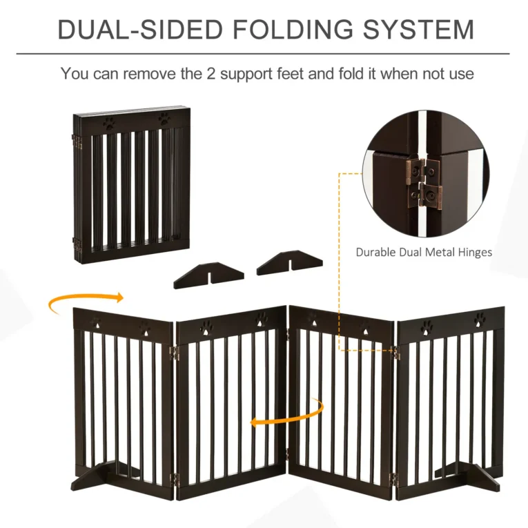 Four-Panel Freestanding Pine Dog Gate with Feet – Brown, 204cm