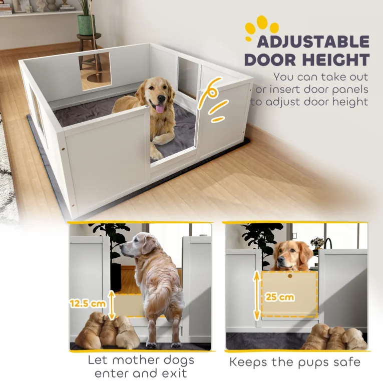 Wooden Dog Whelping Box with Acrylic Panels and Pad – White, 124cm