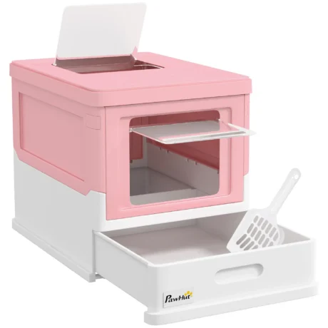 Folding Cat Litter Box with Drawer – Pink