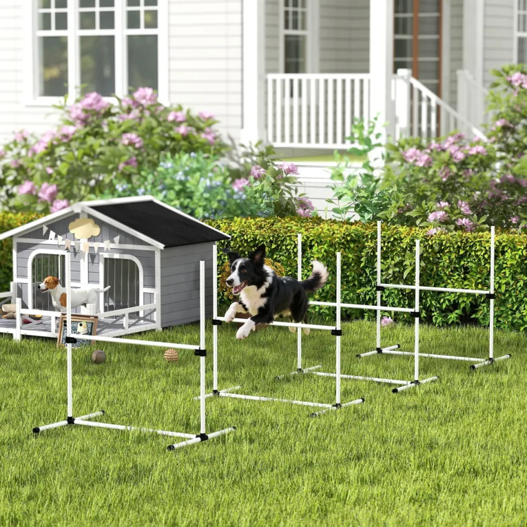 Four Adjustable Dog Agility Jumps with Carry Bag – White