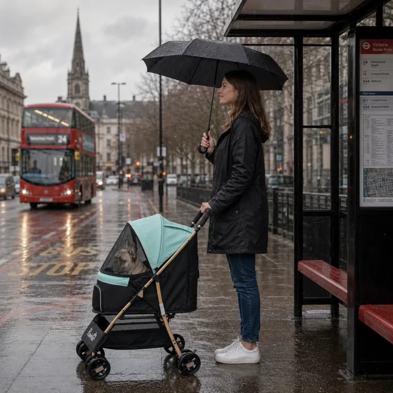 Folding Pet Stroller with Rain Cover – Green, 15kg