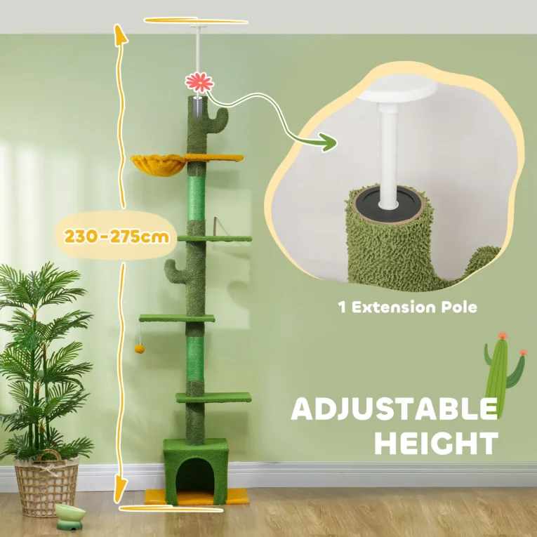 Adjustable Floor-to-Ceiling Cat Tower with Den – Green, 230–275cm