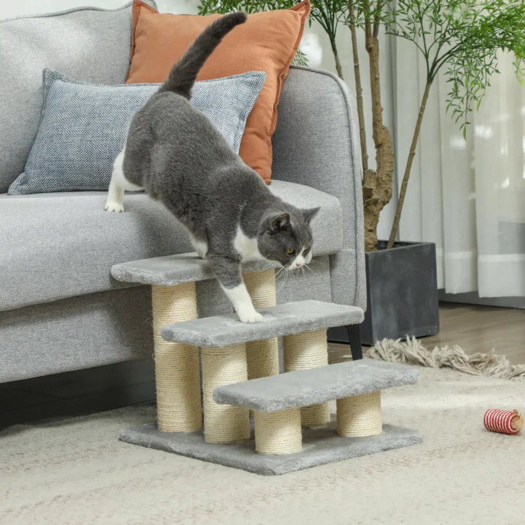 Three-Step Plush Pet Stairs – Grey, 34cm