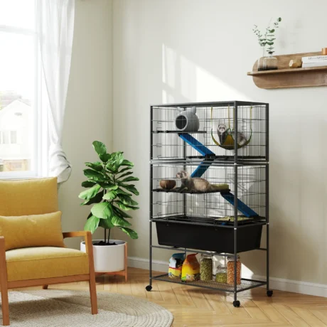 Tall Small-Animal Cage with Platforms and Hammock – Dark Grey
