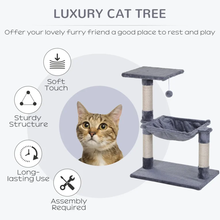Cat Tower with Hammock and Top Perch – Grey, 70cm Cat Tower with Hammock and Top Perch – Grey, 70cm