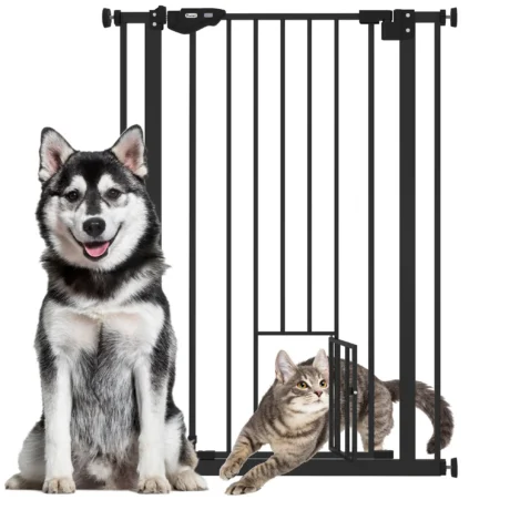 Extra-Tall Pet Gate with Cat Door – Black, 74–80cm
