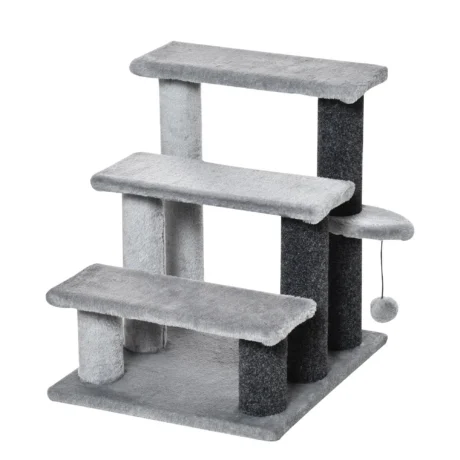 Three-Step Cat Stairs with Scratching Posts and Toy – Grey