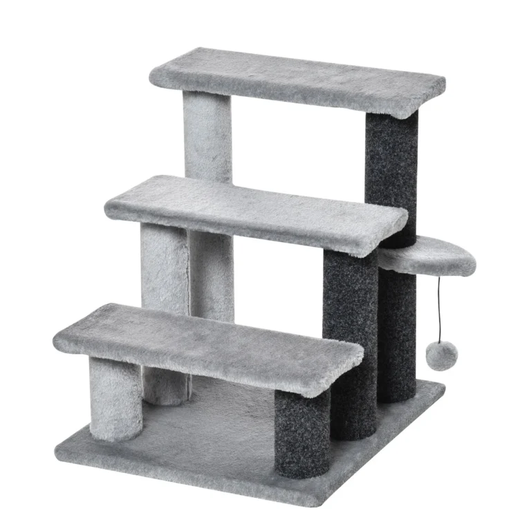 Three-Step Cat Stairs with Scratching Posts and Toy – Grey