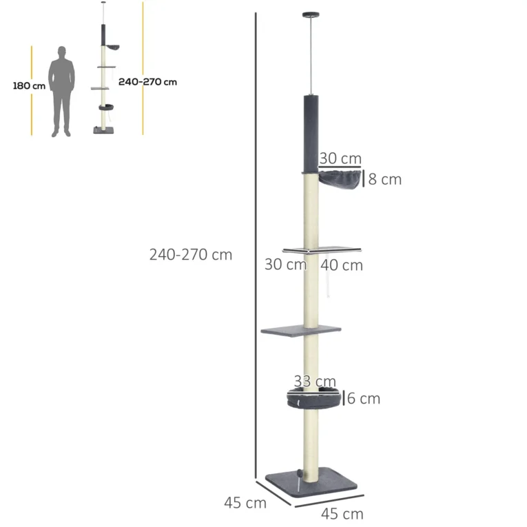 Adjustable Ceiling Cat Tree with Bed and Hammock – Dark Grey, 240–270cm