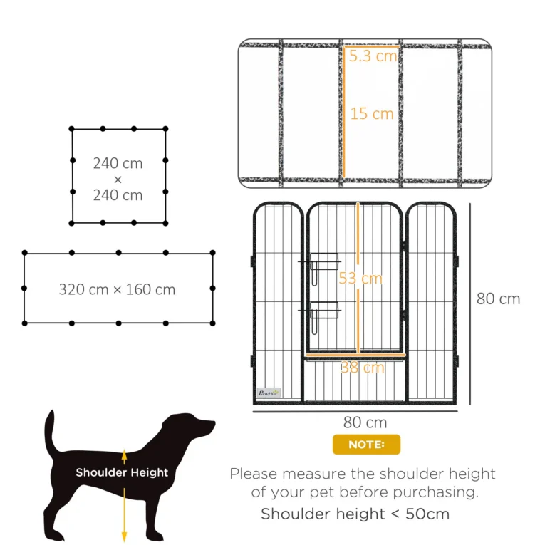 12-Panel Steel Dog Playpen with Two Doors – Grey, 80cm High