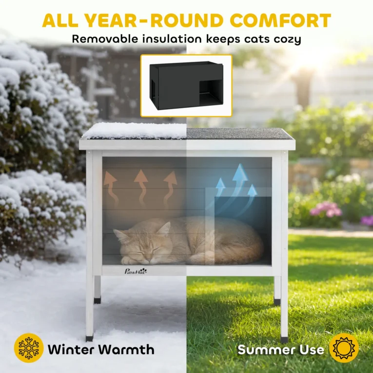 Insulated Wooden Cat Shelter with Escape Door – Grey, 68cm