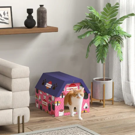 Cardboard Cat Hideaway with Scratching Base – Pink and Purple