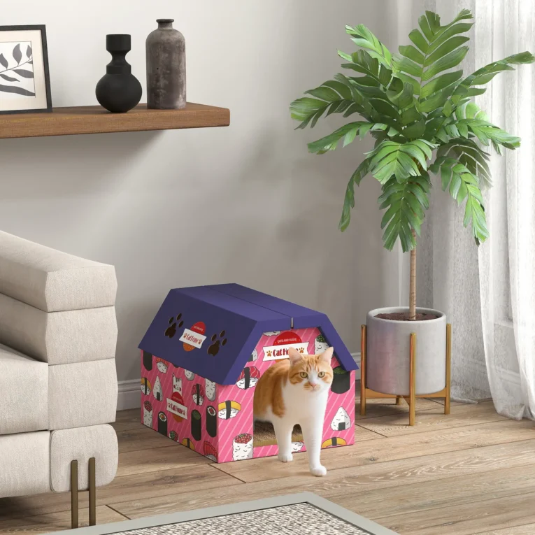 Cardboard Cat Hideaway with Scratching Base – Pink and Purple