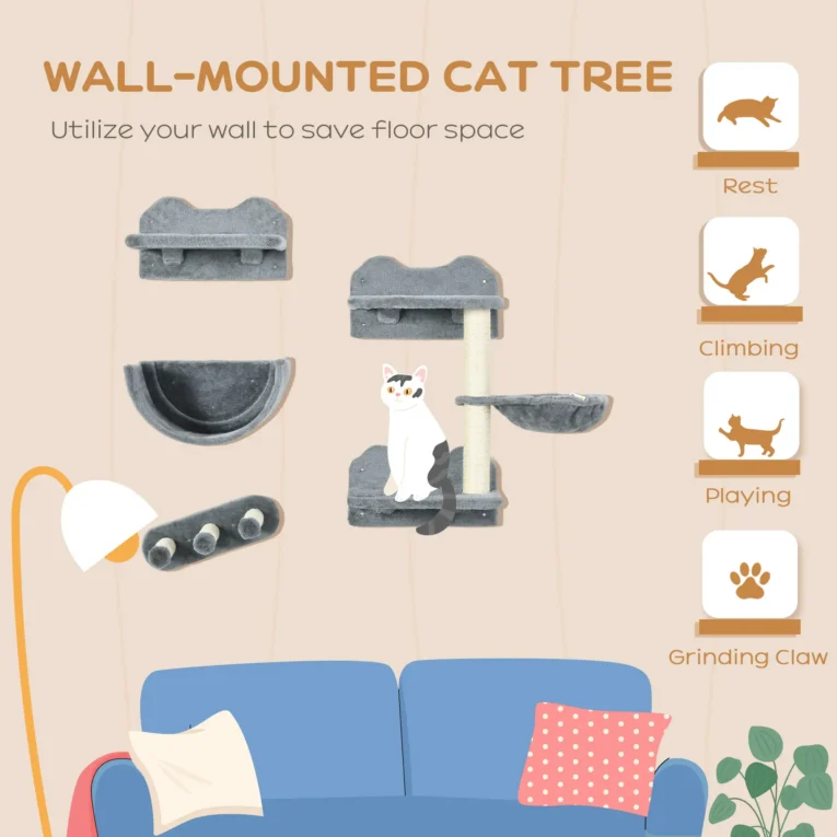 4PC Wall-Mounted Cat Shelves with Hammock – Grey and cream 4PC Wall-Mounted Cat Shelves with Hammock – Grey and cream