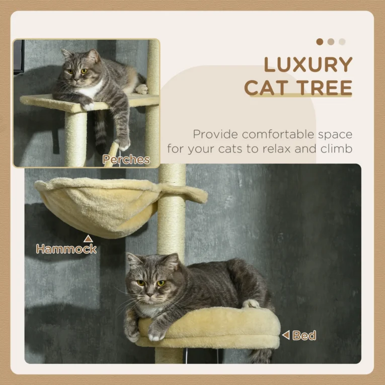 Floor-to-Ceiling Cat Climbing Tower with Hammock – Beige, 230–250cm