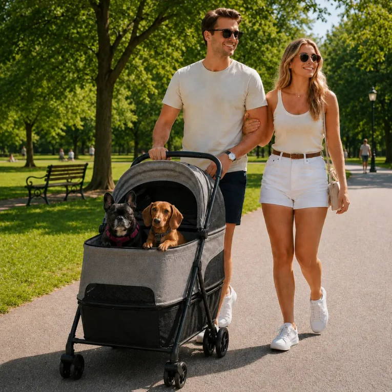 Folding Pet Stroller with Lift-Off Carrier – Grey, 10kg Capacity
