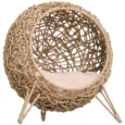 Round Rattan-Effect Cat Cave with Cushion – Natural, 58cm