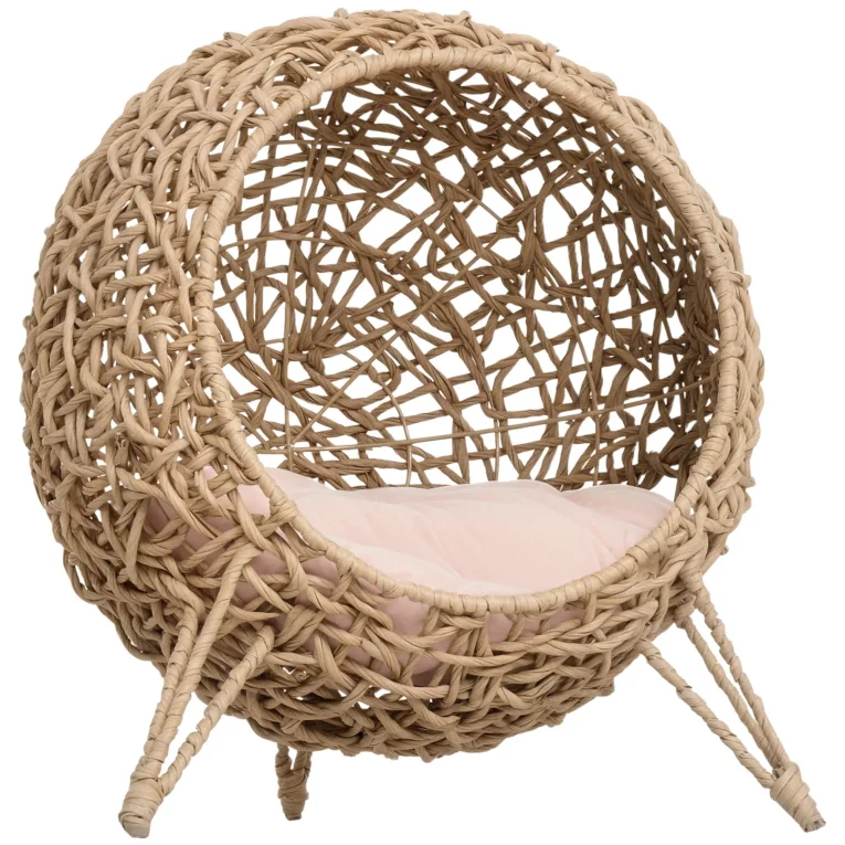 Round Rattan-Effect Cat Cave with Cushion – Natural, 58cm