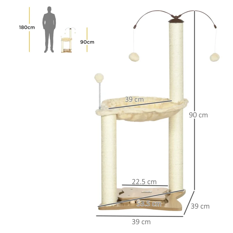 Cat Hammock Tower with Scratching Posts – Beige, 90cm