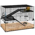 Three-Level Hamster Cage with Glass Base – Black, 76.5 × 48.5 × 54.5cm