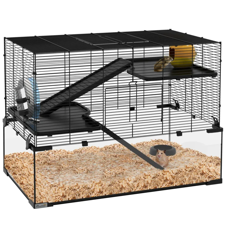 Three-Level Hamster Cage with Glass Base – Black, 76.5 × 48.5 × 54.5cm