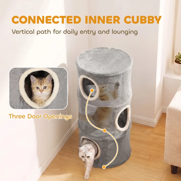 Three-Den Plush Cat Barrel with Washable Cover – Grey, 80cm